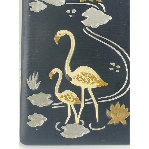 Vintage 60s chalkware, pair of flamingo plaques, black, gold, silver, GC Japan - Picture 4 of 10